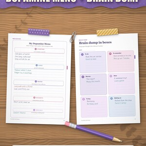 Dopamine menu and brain dump sorted into boxes, filled in as an example