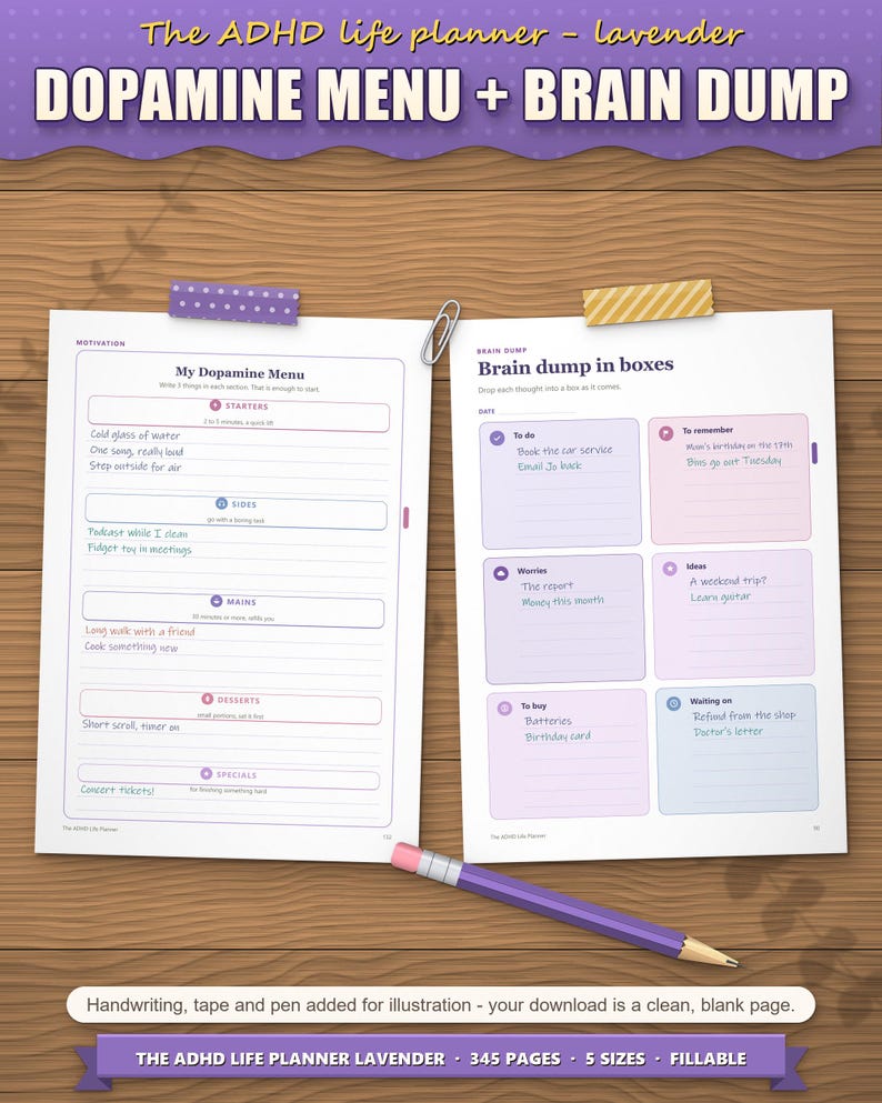 Dopamine menu and brain dump sorted into boxes, filled in as an example