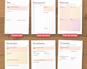 Six daily page layouts: simple day, hour by hour, plan by energy, must nice bonus, bare minimum and low-energy day