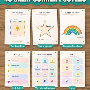 45 calm-corner posters: box, star and rainbow breathing to trace, 5-4-3-2-1, ways to calm down, I am...