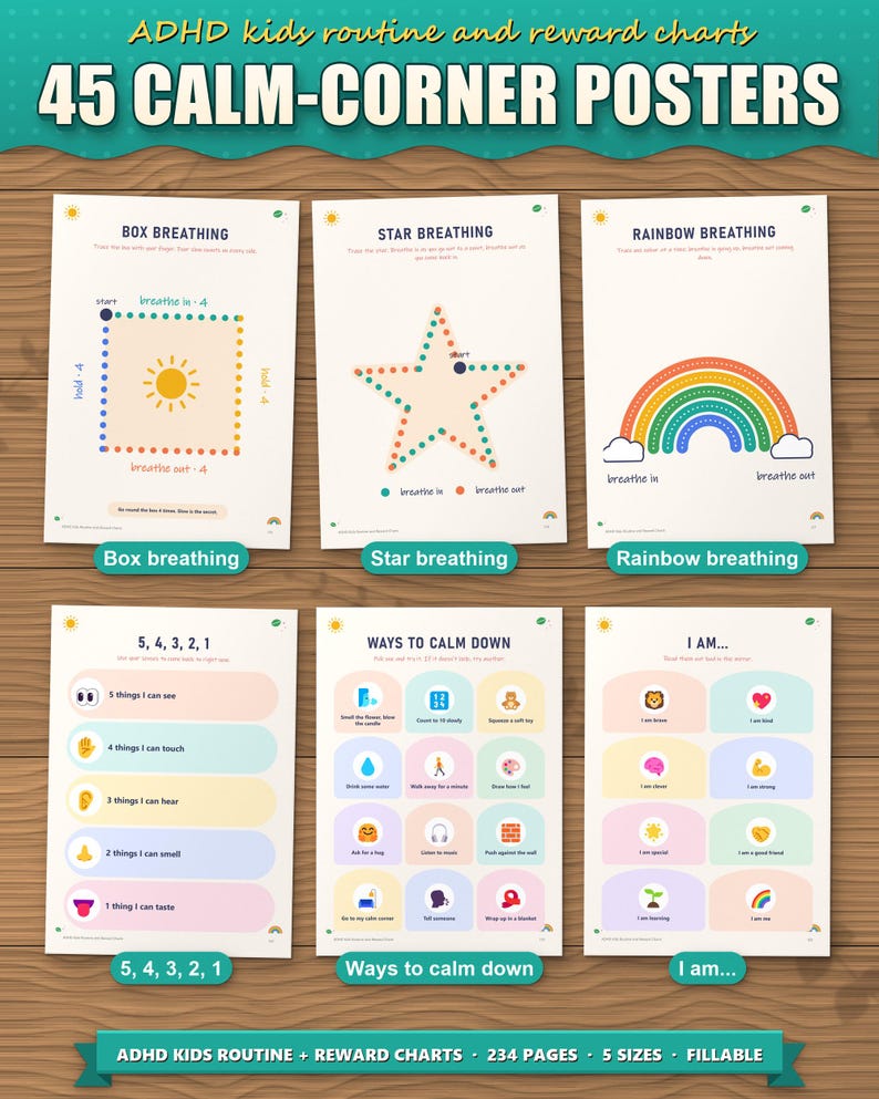 45 calm-corner posters: box, star and rainbow breathing to trace, 5-4-3-2-1, ways to calm down, I am...