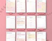 Twelve of the 21 sections of the ADHD life planner, from daily pages to money