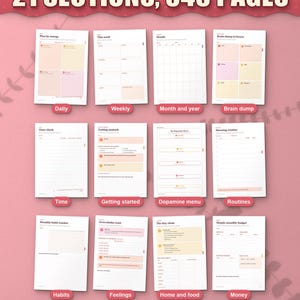 Twelve of the 21 sections of the ADHD life planner, from daily pages to money