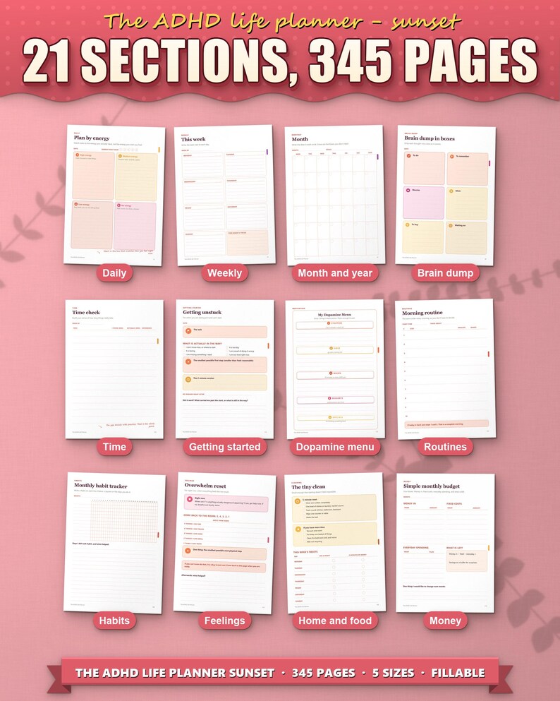 Twelve of the 21 sections of the ADHD life planner, from daily pages to money