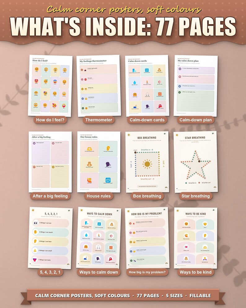What's inside the feelings and calm down kit: 12 of the 77 pages