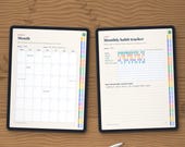 Month page and monthly habit tracker on tablets, filled in as an example