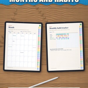 Month page and monthly habit tracker on tablets, filled in as an example