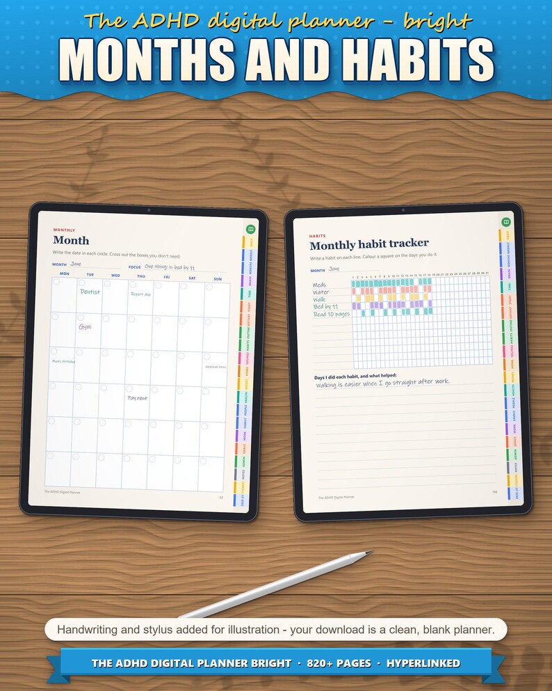 Month page and monthly habit tracker on tablets, filled in as an example