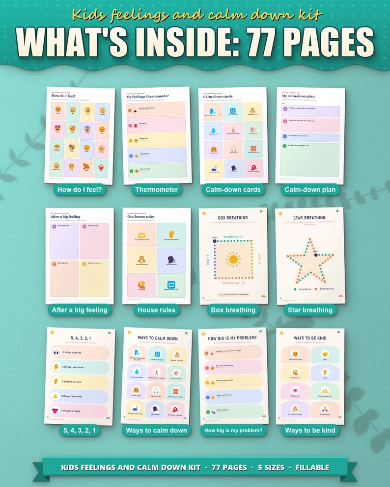 What's inside the feelings and calm down kit: 12 of the 77 pages