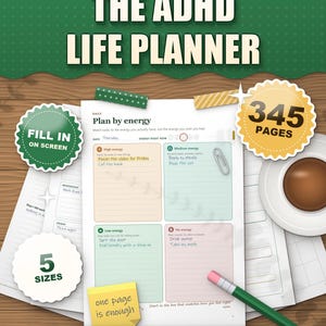 Forest Green ADHD Planner 2026 2027 Printable, Dated and Undated, 345 Page Fillable PDF, Daily Weekly Monthly Pages, Dopamine Menu