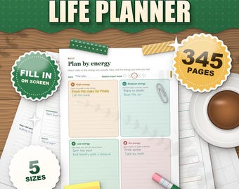 Forest Green ADHD Planner 2026 2027 Printable, Dated and Undated, 345 Page Fillable PDF, Daily Weekly Monthly Pages, Dopamine Menu