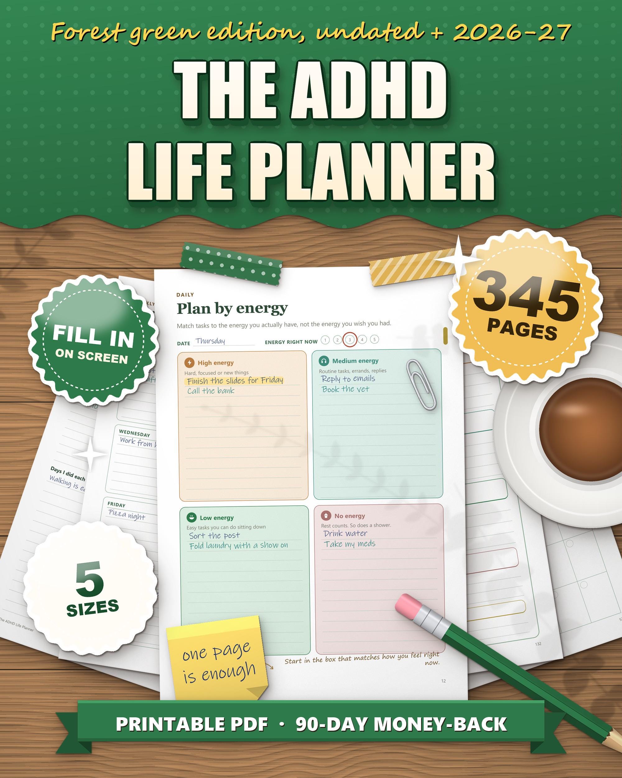 The ADHD Life Planner forest green edition 2026 2027 printable, plan by energy daily page in calm forest greens on a desk, 345 pages, 5 sizes, fill in on screen
