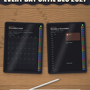 Dated month page and dated day page on two tablets: tap a day to open it