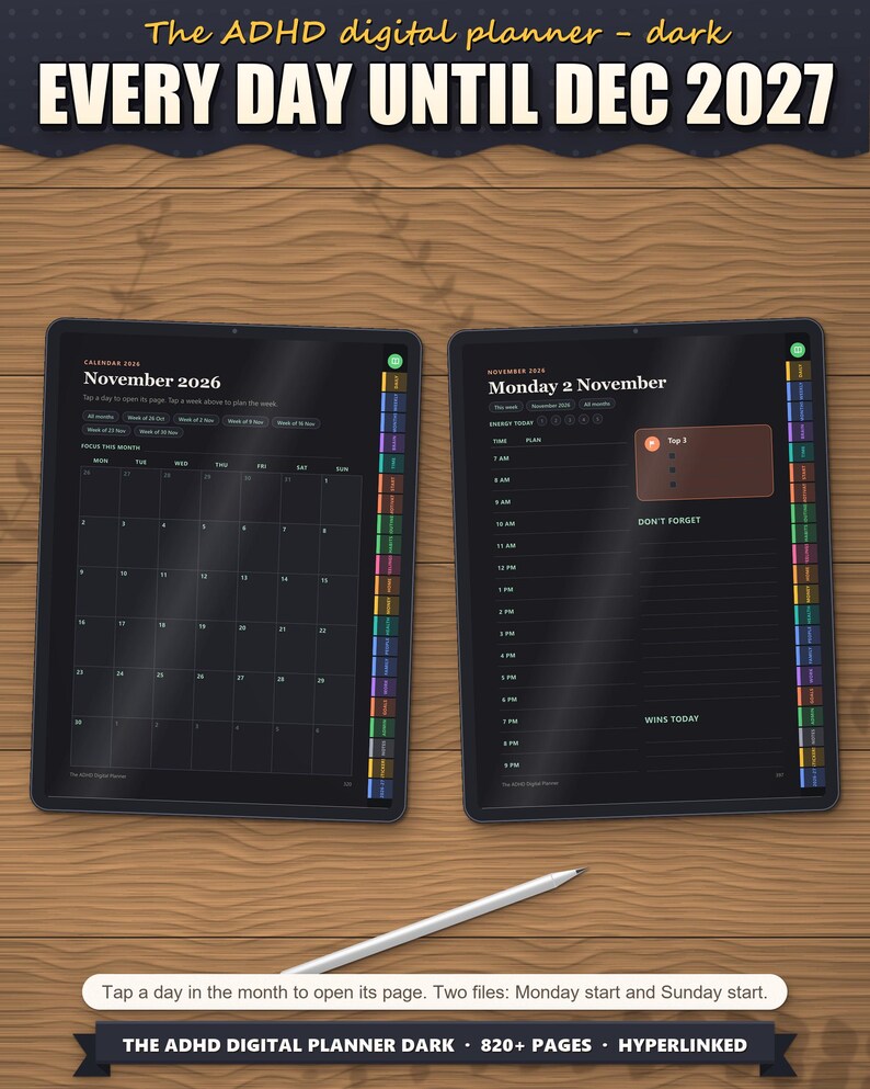 Dated month page and dated day page on two tablets: tap a day to open it