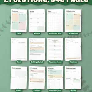 Twelve of the 21 sections of the ADHD life planner, from daily pages to money