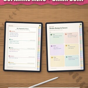 Dopamine menu and brain dump in boxes on tablets, filled in as an example