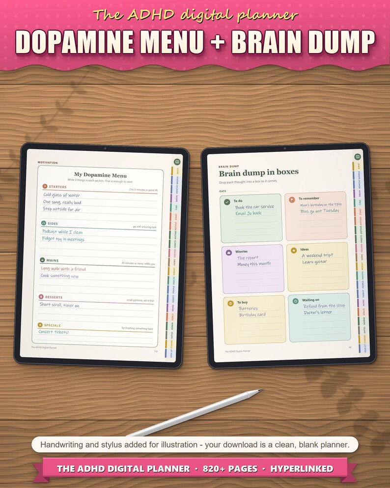 Dopamine menu and brain dump in boxes on tablets, filled in as an example