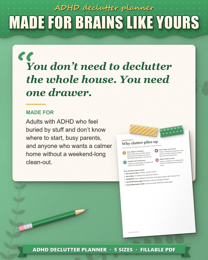 Who the declutter planner is for: adults with ADHD who feel buried by stuff and busy parents