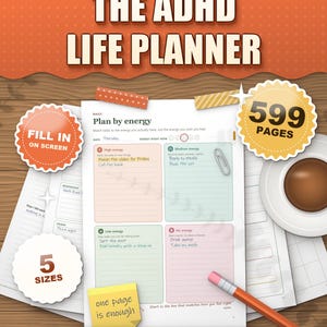 ADHD Planner 2026 2027 2028 Printable for Adults, Dated and Undated, 599 Page Fillable PDF, Daily Weekly Monthly Pages, Dopamine Menu image 1
