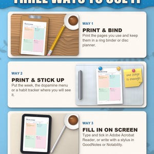 Three ways to use the planner: print and bind, stick up, fill in on a tablet