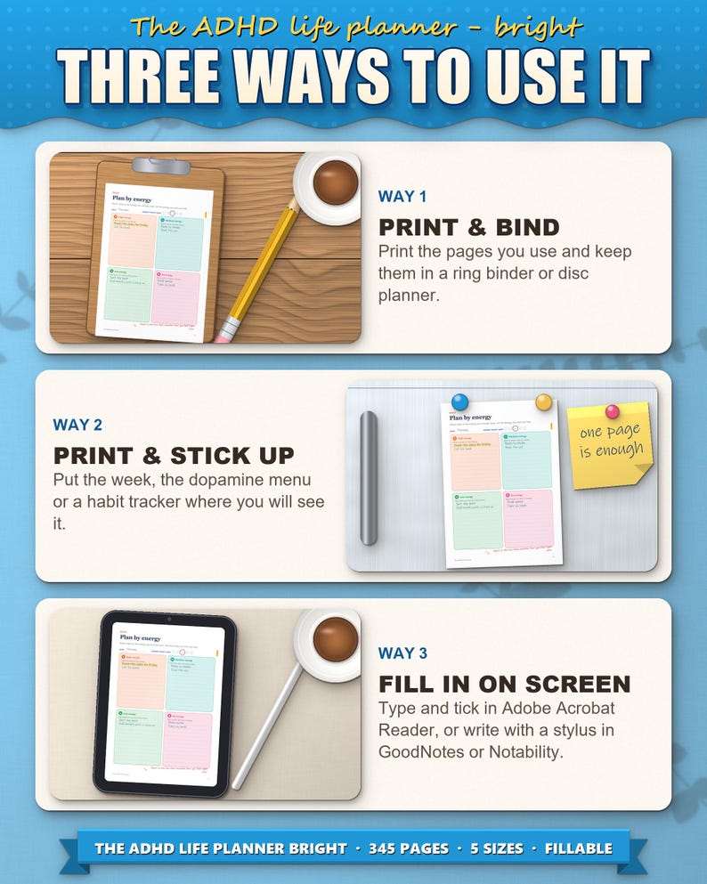Three ways to use the planner: print and bind, stick up, fill in on a tablet