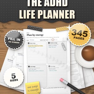 The ADHD Life Planner monochrome edition 2026 2027 printable, plan by energy daily page in black and white on a desk, 345 pages, 5 sizes, fill in on screen