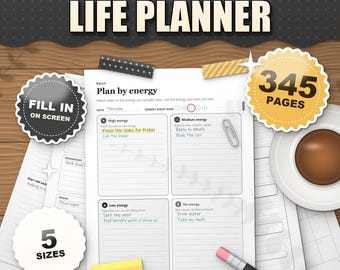 Black and White ADHD Planner 2026 2027 Printable, Dated and Undated, 345 Page Fillable PDF, Daily Weekly Monthly Pages, Dopamine Menu