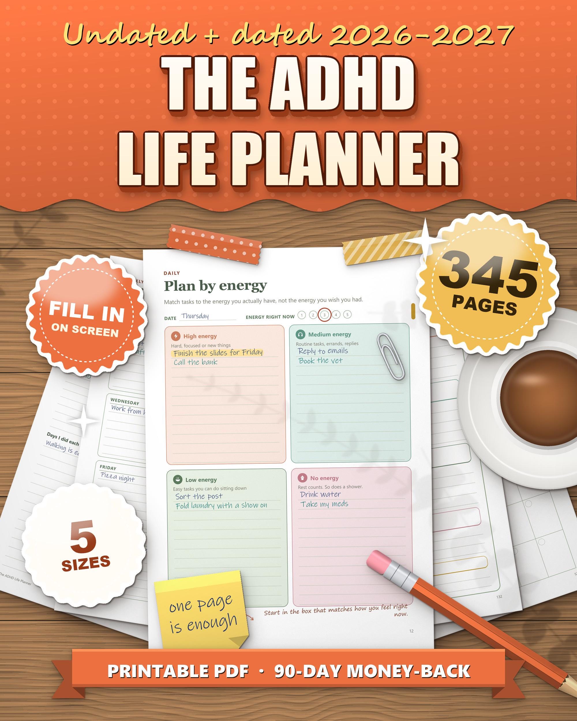 The ADHD Life Planner 2026 2027 printable, plan by energy daily page on a desk, 345 pages, 5 sizes, fill in on screen