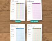 The weekly job chart in 4 colours: rainbow, pink and purple, blue and teal, green and orange