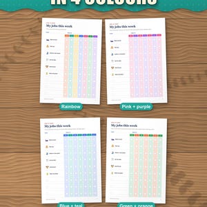 The weekly job chart in 4 colours: rainbow, pink and purple, blue and teal, green and orange