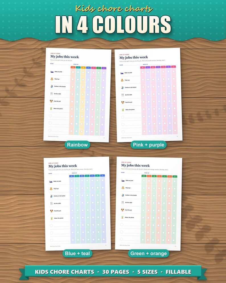 The weekly job chart in 4 colours: rainbow, pink and purple, blue and teal, green and orange