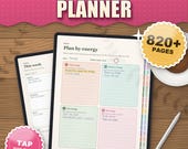 ADHD digital planner 2026 2027 for iPad and Android on a tablet, plan by energy page with tappable side tabs, 820+ pages
