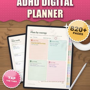 ADHD digital planner 2026 2027 for iPad and Android on a tablet, plan by energy page with tappable side tabs, 820+ pages