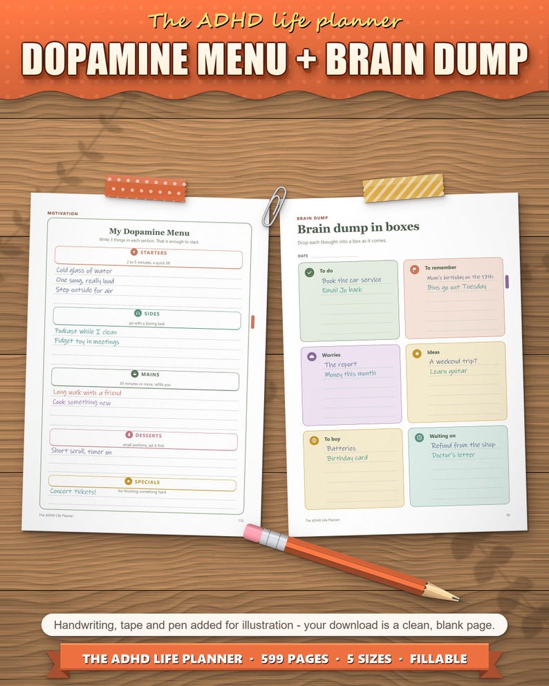 ADHD Planner 2026 2027 2028 Printable for Adults, Dated and Undated, 599 Page Fillable PDF, Daily Weekly Monthly Pages, Dopamine Menu image 7
