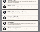 Frequently asked questions: what you get, which apps, no shipping, free updates, printing, sharing