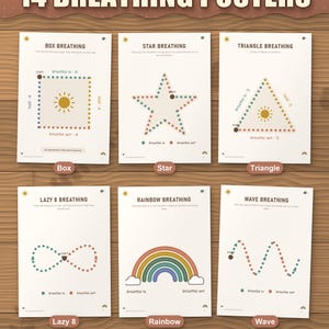 14 breathing posters: box, star, triangle, lazy 8, rainbow and wave breathing to trace