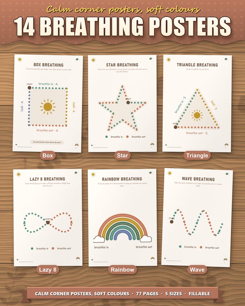 14 breathing posters: box, star, triangle, lazy 8, rainbow and wave breathing to trace