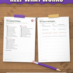 Managing feelings strategy page and my top 10 strategies page filled in as an example