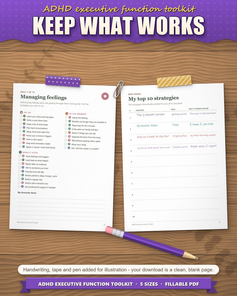 Managing feelings strategy page and my top 10 strategies page filled in as an example