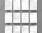 Twelve of the 21 sections of the ADHD life planner, from daily pages to money