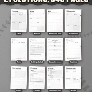 Twelve of the 21 sections of the ADHD life planner, from daily pages to money