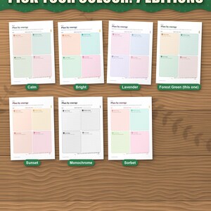 The planner in 7 colour editions: calm, bright, lavender, forest green, sunset, monochrome and sorbet. This listing is the forest green edition; each colour is its own listing