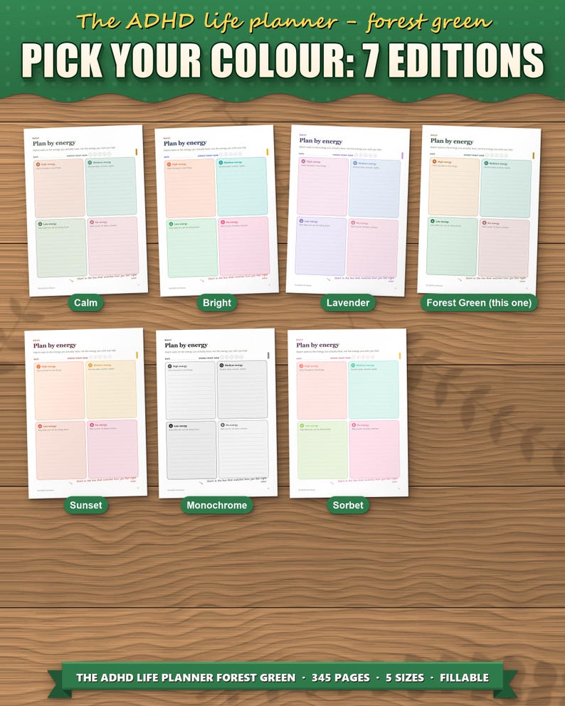 The planner in 7 colour editions: calm, bright, lavender, forest green, sunset, monochrome and sorbet. This listing is the forest green edition; each colour is its own listing