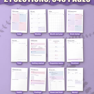 Twelve of the 21 sections of the ADHD life planner, from daily pages to money