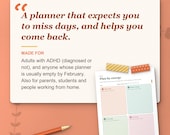 Who the planner is for: adults with ADHD whose planners are empty by February, parents and students