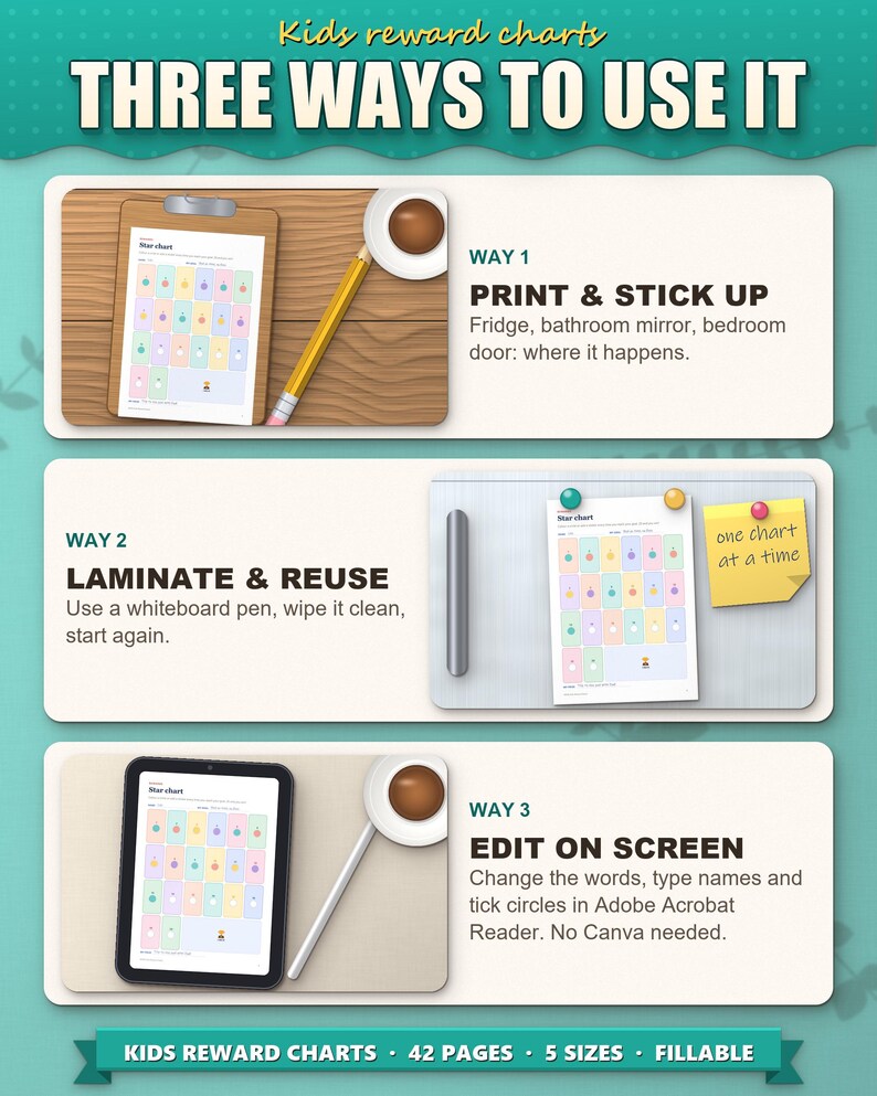 Three ways to use the charts: print and stick up, laminate and reuse, fill in on screen