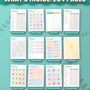 What's inside the kids routine and reward charts: 12 of the 234 pages, from routines to feelings and homework