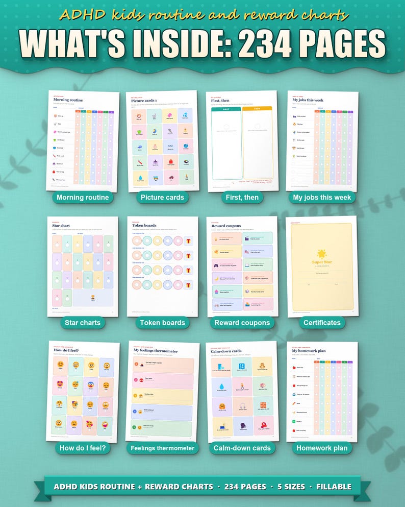 What's inside the kids routine and reward charts: 12 of the 234 pages, from routines to feelings and homework