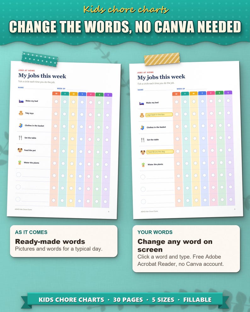 Change the words on screen, no Canva needed: the chore chart as it comes and with your own jobs typed in