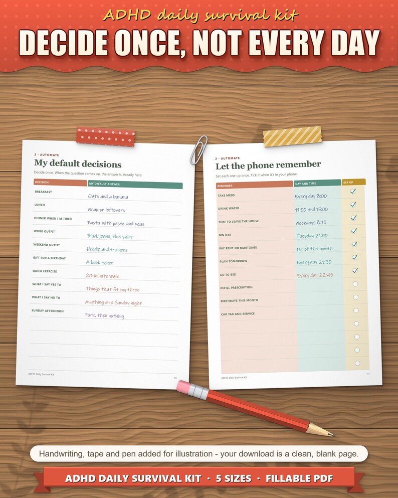 Default decisions and phone reminders setup filled in, decide once, not every day